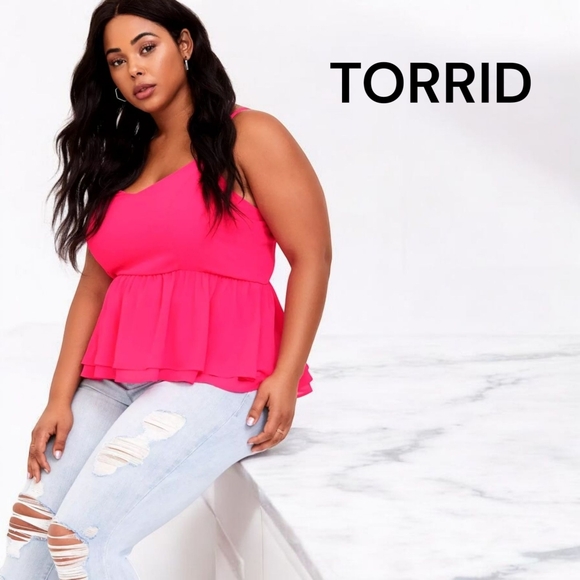 Torrid Neon Pink Peplum Chiffon Midi‎ Cami Tank Top Size 0 (Large/12) - Picture 1 of 8